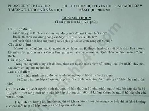 De thi chon HSG khoi 9 nam 2020 THCS Vo Van Kiet mon Sinh