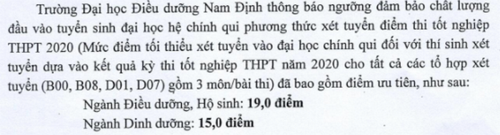 DH Dieu Duong Nam Dinh cong bo diem san nam 2020
