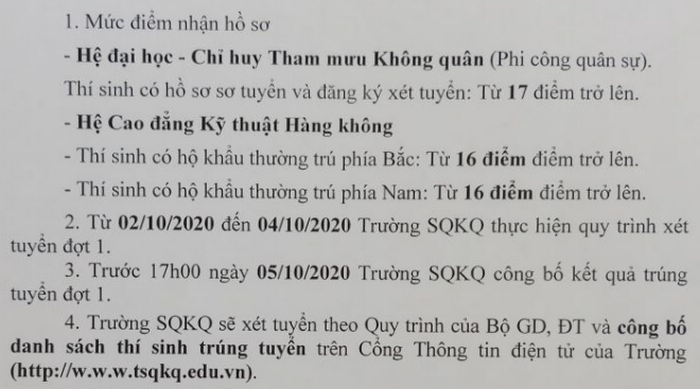 Diem san truong Si Quan Khong Quan nam 2020