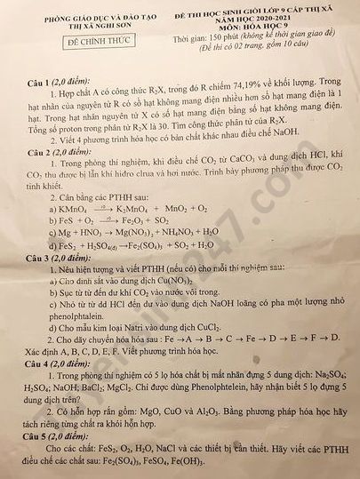 De thi HSG nam 2020 mon Hoa hoc TX Nghi Son lop 9