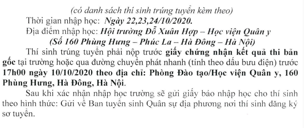 Ho so nhap hoc Hoc vien Quan Y nam 2020