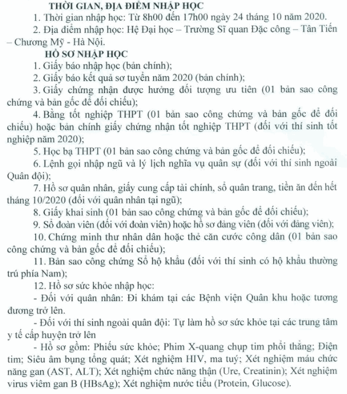 Ho so nhap hoc truong Si quan Dac Cong 2020