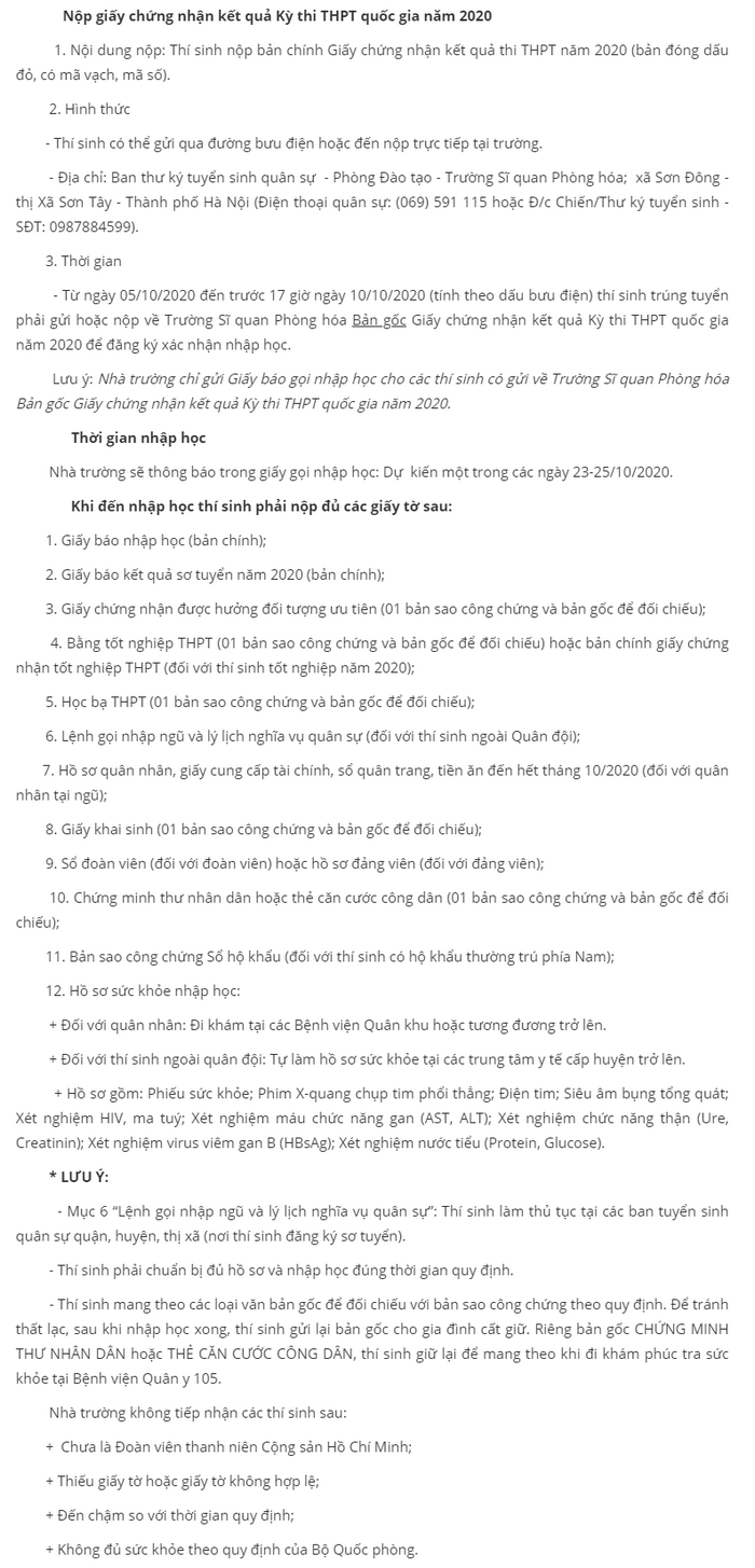 Ho so nhap hoc truong Si quan Phong hoa 2020