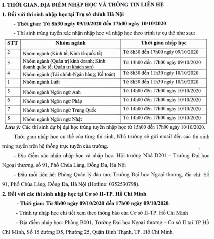 Ho so nhap hoc nam 2020 Dai hoc Ngoai Thuong