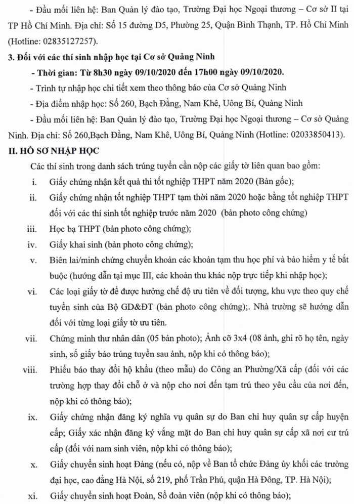 Ho so nhap hoc nam 2020 Dai hoc Ngoai Thuong