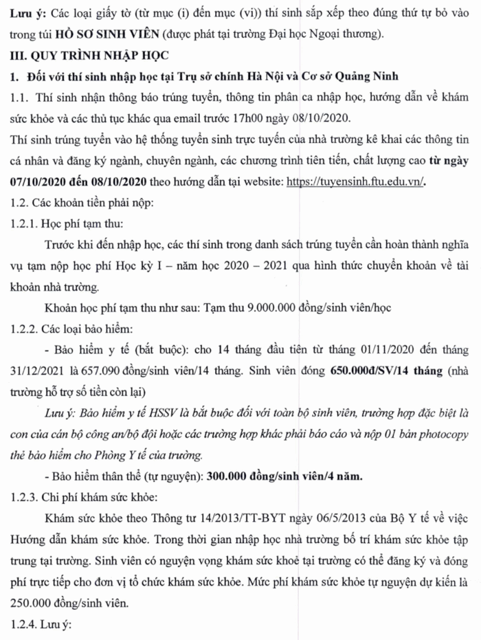 Ho so nhap hoc nam 2020 Dai hoc Ngoai Thuong