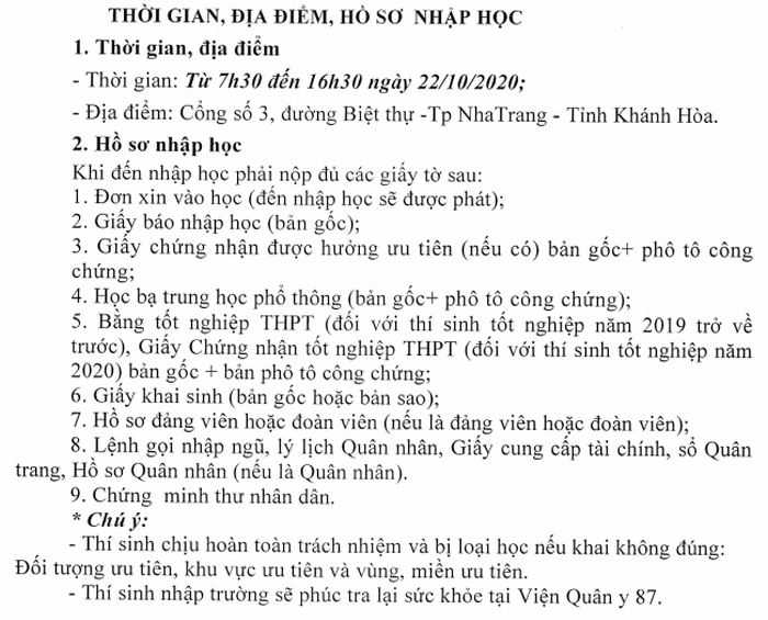 Ho so nhap hoc truong Si quan Khong quan nam 2020