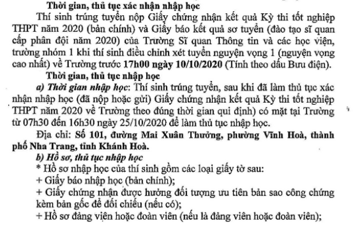 Ho so nhap hoc truong Si quan Thong tin 2020