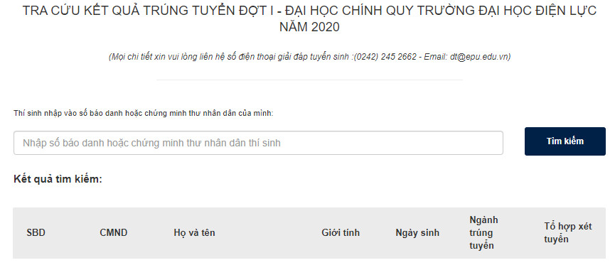 Tra cuu ket qua trung tuyen 2020 nam Dai hoc Dien Luc