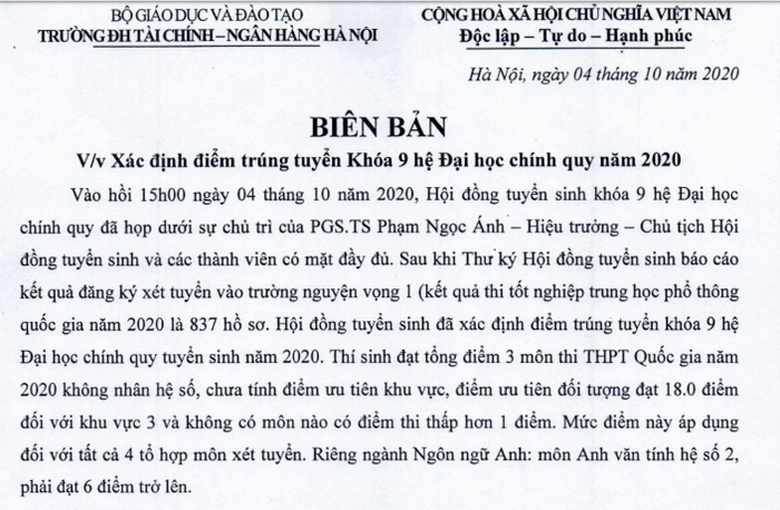 DH Tai Chinh - Ngan Hang Ha Noi cong bo diem chuan nam 2020