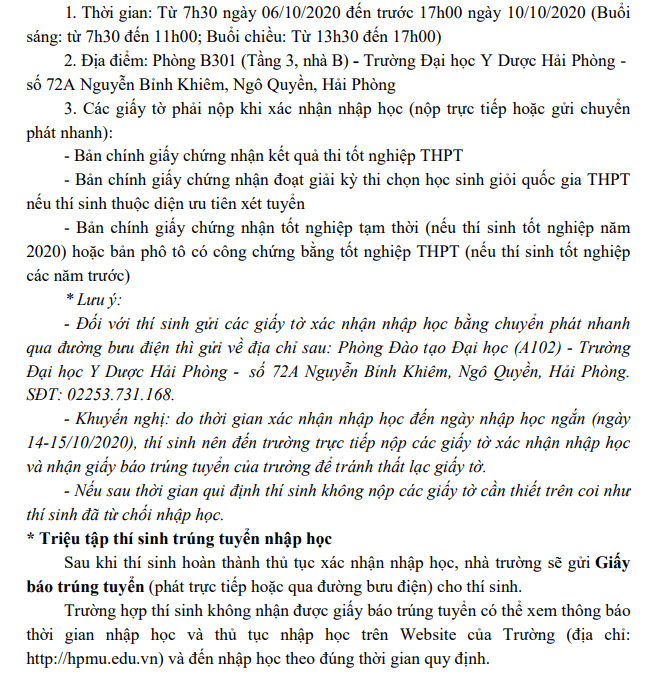 Thu tuc va xac nhan nhap hoc DH Y Duoc Hai Phong 2020