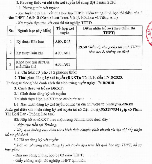 DH Dau Khi Viet Nam xet tuyen bo sung nam 2020