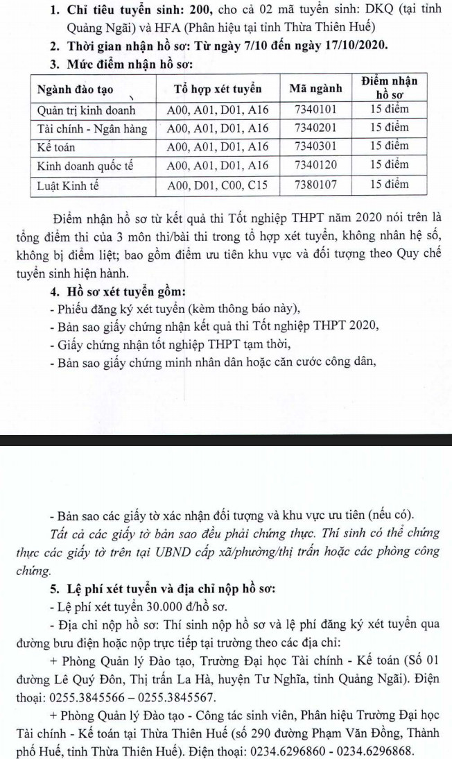 Dai hoc Tai Chinh Ke Toan xet tuyen bo sung nam 2020