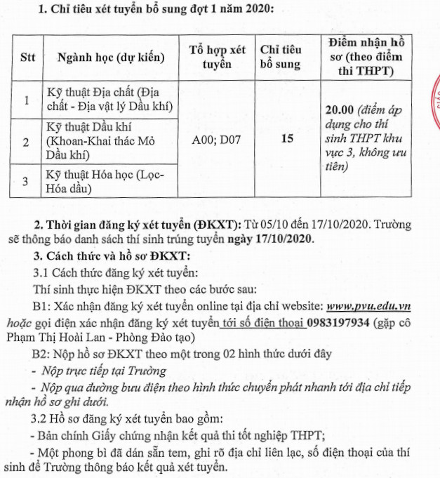DH Dau Khi Viet Nam xet tuyen bo sung nam 2020