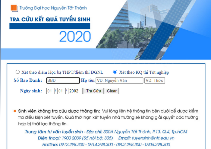 Tra cuu ket qua trung tuyen Dai hoc Nguyen Tat Thanh 2020