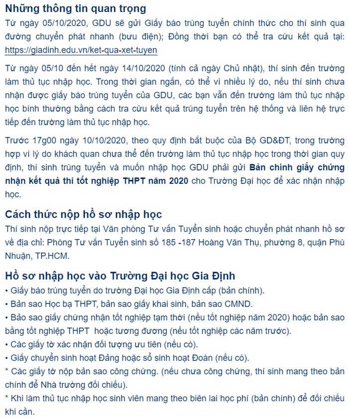 Dai hoc Gia Dinh cong bo diem chuan nam 2020