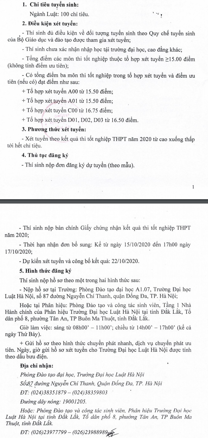 DH Luat Ha Noi Phan hieu Dak Lak tuyen sinh bo sung nam 2020