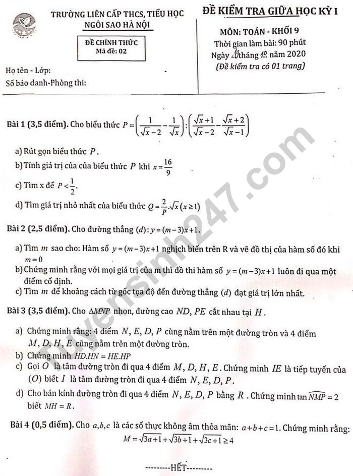 De thi giua ki 1 mon Toan lop 9 - Truong Lien cap THCS-Tieu hoc Ngoi Sao HN 2020