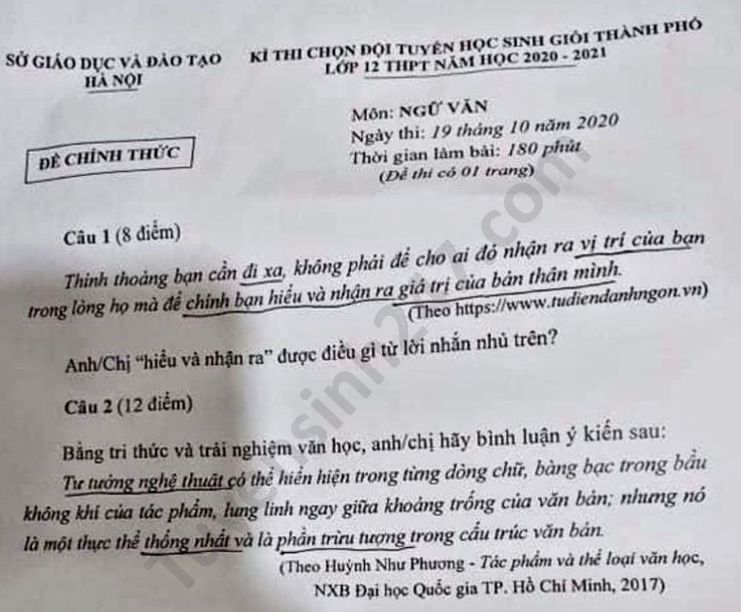 De thi chon HSG nam 2020 mon Van lop 12 TP Ha Noi