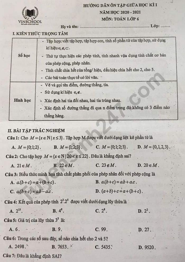De cuong on tap giua ki 1 mon Toan lop 6 - Truong Vinschool 2020