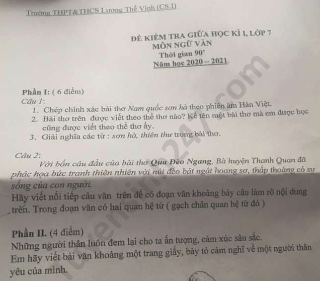 De thi giua ki 1 mon Van lop 7 - THPT-THCS Luong The Vinh 2020
