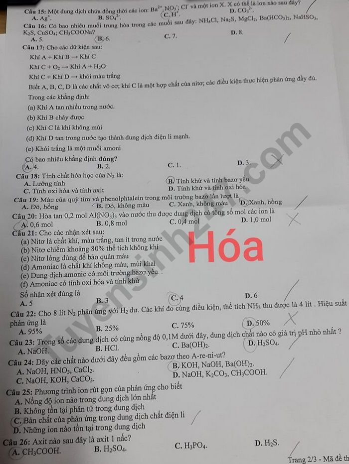 De kiem tra giua ki 1 mon Hoa lop 11 - Truong Song Ngu Lac Hong 2020
