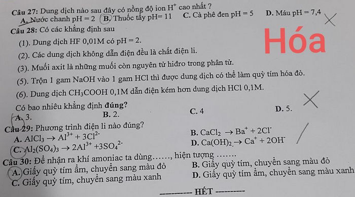 De kiem tra giua ki 1 mon Hoa lop 11 - Truong Song Ngu Lac Hong 2020