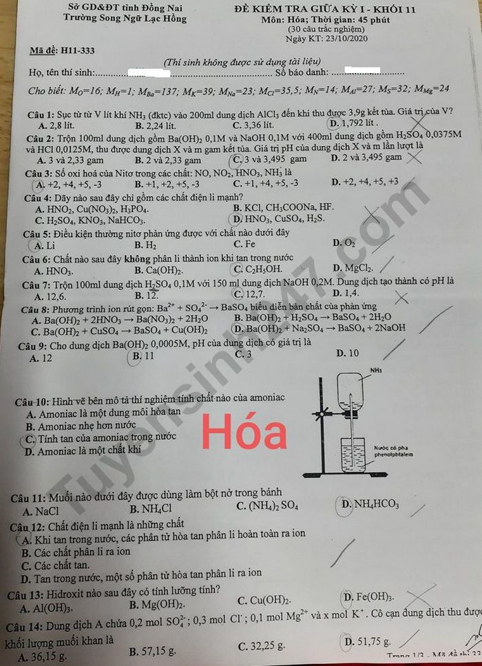De kiem tra giua ki 1 mon Hoa lop 11 - Truong Song Ngu Lac Hong 2020