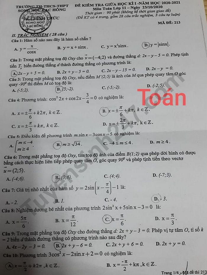 De kiem tra giua hoc ki 1 mon Toan 11 - Truong Song Ngu Lac Hong 2020