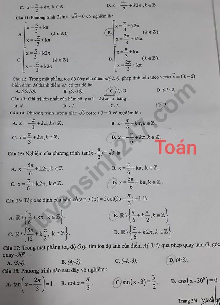 De kiem tra giua hoc ki 1 mon Toan 11 - Truong Song Ngu Lac Hong 2020