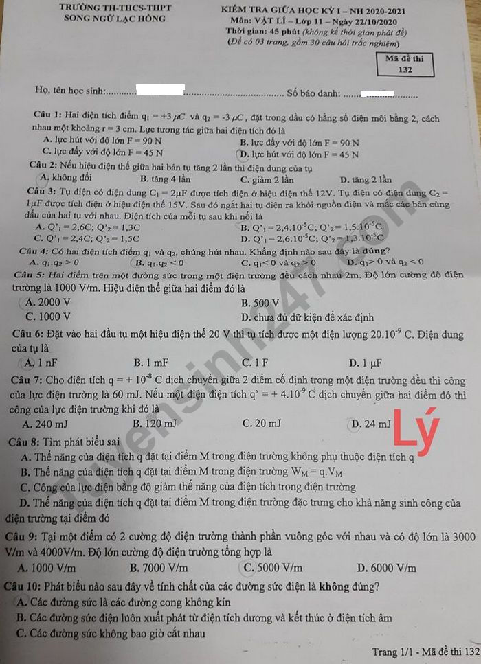 De kiem tra giua ki 1 mon Ly 11 - Truong Song Ngu Lac Hong 2020