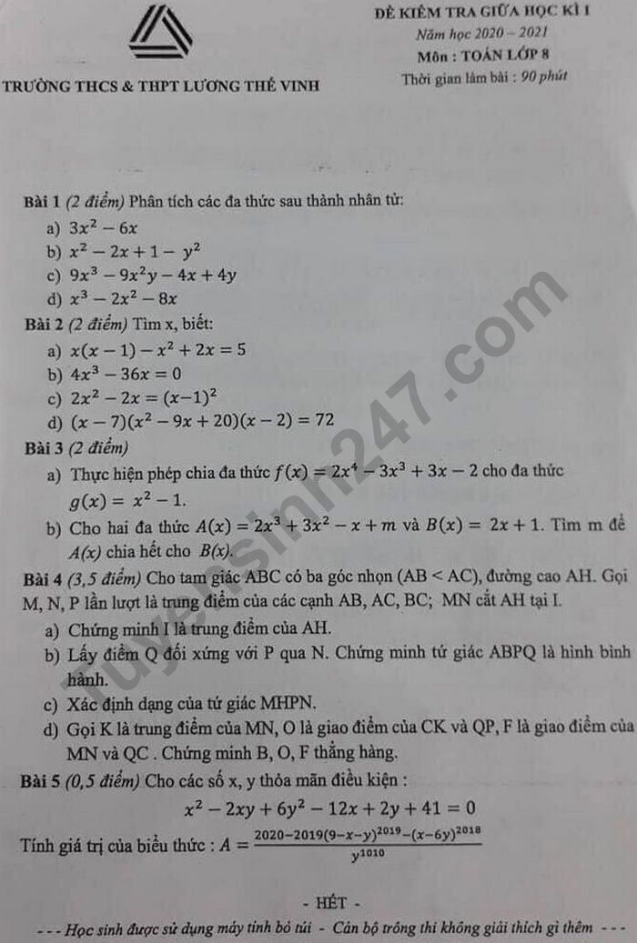 De thi giua hoc ki 1 mon Toan lop 8 - THCS&THPT Luong The Vinh 2020