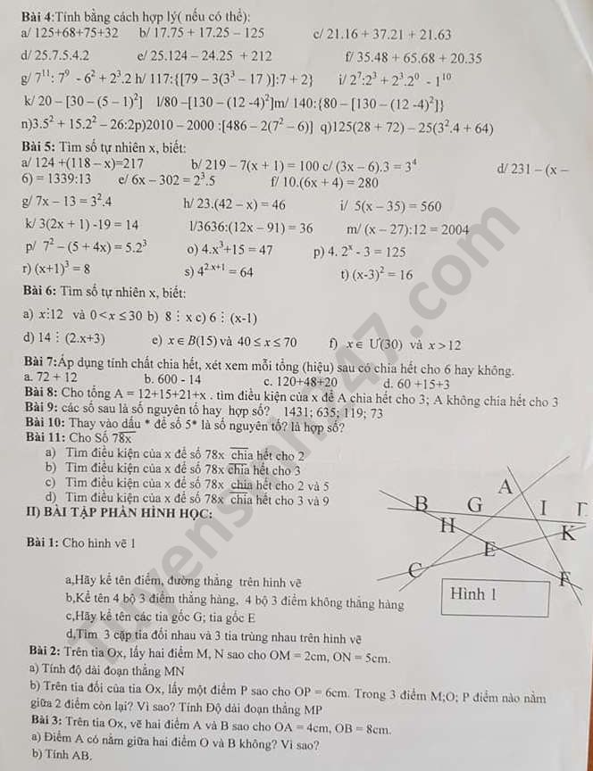 De cuong on tap giua HK1 mon Toan lop 6 THCS Thinh Liet 2020