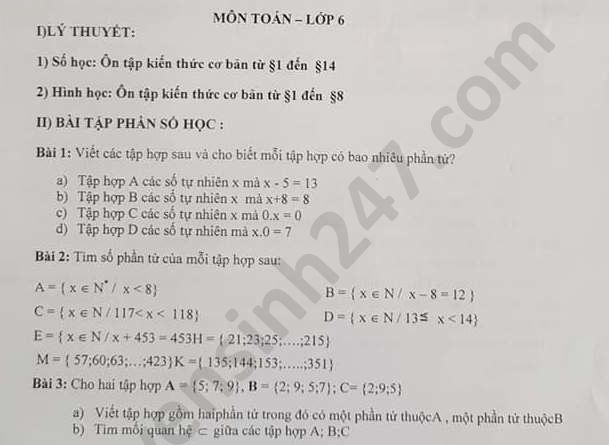 De cuong on tap giua HK1 mon Toan lop 6 THCS Thinh Liet 2020
