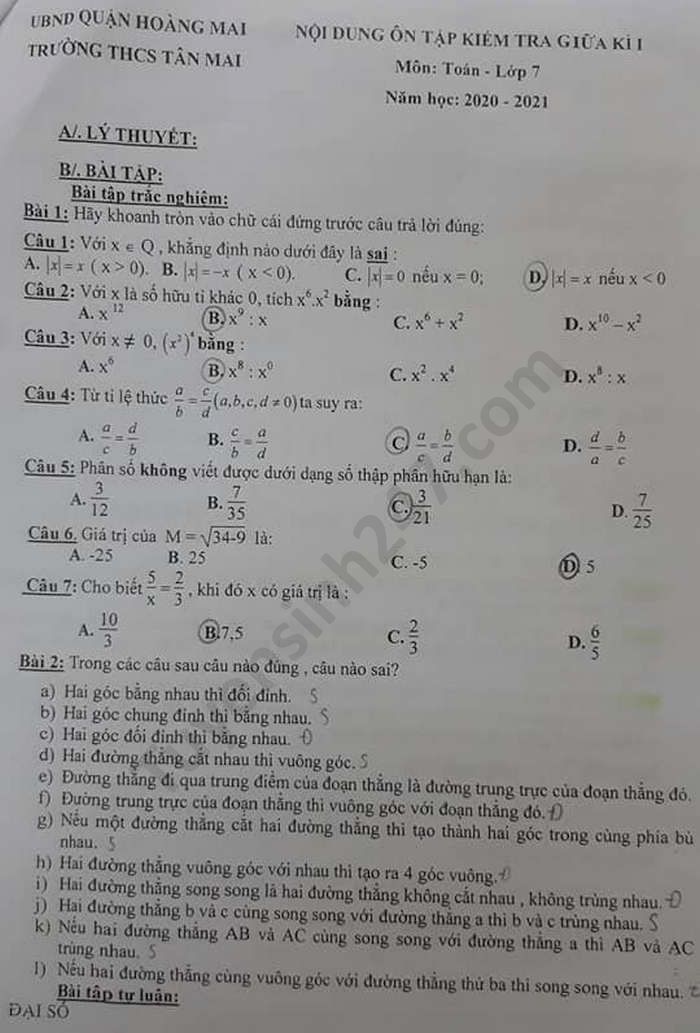 De cuong on thi giua HK1 mon Toan 7 nam 2020 THCS Tan Mai