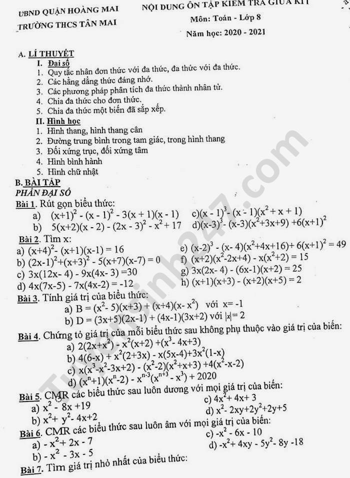 De cuong on tap HK1 mon Toan lop 8 THCS Tan Mai nam 2020