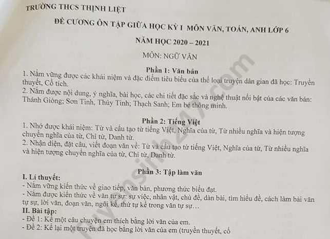 De cuong on tap giua HK1 nam 2020 Van lop 6 THCS Thinh Liet