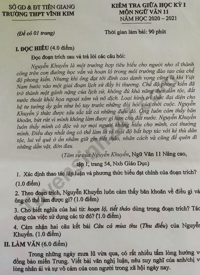 De kiem tra giua hoc ki 1 mon Van lop 11 - THPT Vinh Kim 2020