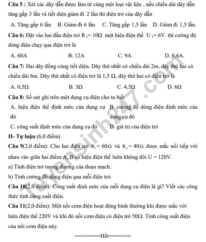 De kiem tra giua ki 1 mon Vat Li lop 9 Truong PTCS Thang Loi 2020