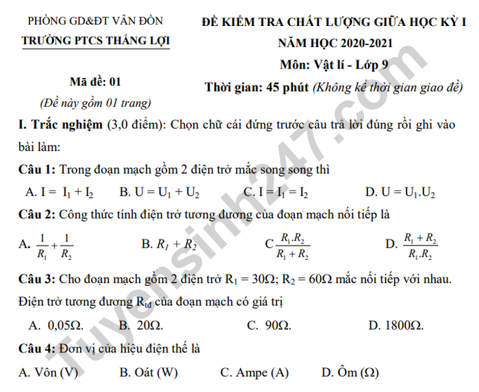 De kiem tra giua ki 1 mon Vat Li lop 9 Truong PTCS Thang Loi 2020