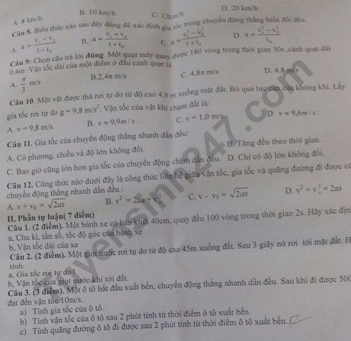 De thi giua ki 1 mon Vat Li lop 10 - THCS&THPT Thong Nguyen 2020