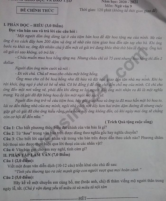 De thi giua hoc ki 1 lop 9 mon Van Truong THCS Duong Quang 2020