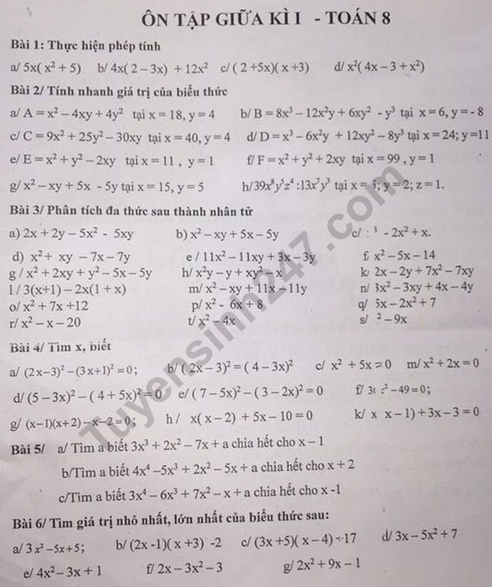 De cuong on tap giua ki 1 mon Toan lop 8 - THCS Hoa Binh 2020
