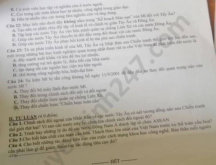 De kiem tra 1 tiet HK1 mon Su lop 12 THPT Dao Son Tay 2020