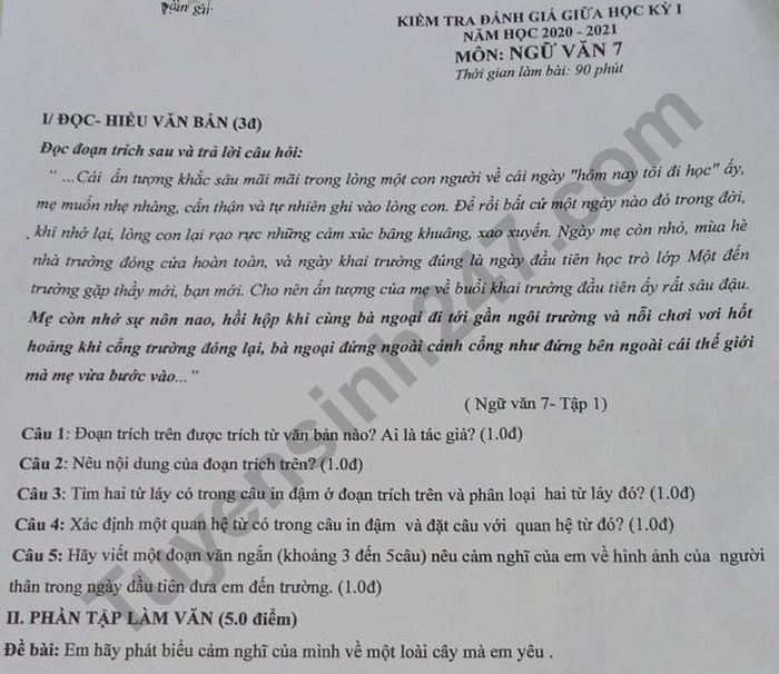 De kiem tra mon Van giua ki 1 lop 7 - THCS Truong Cong Dinh 2020