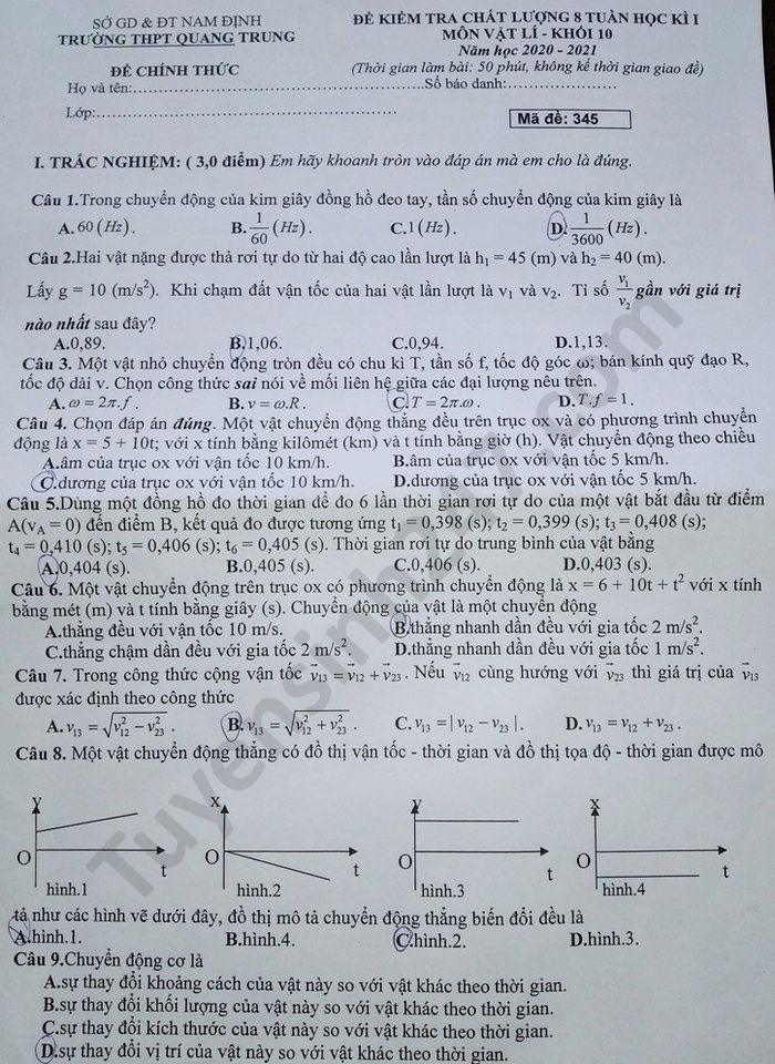 De kiem tra giua HK1 nam 2020 Vat Ly lop 10 THPT Quang Trung