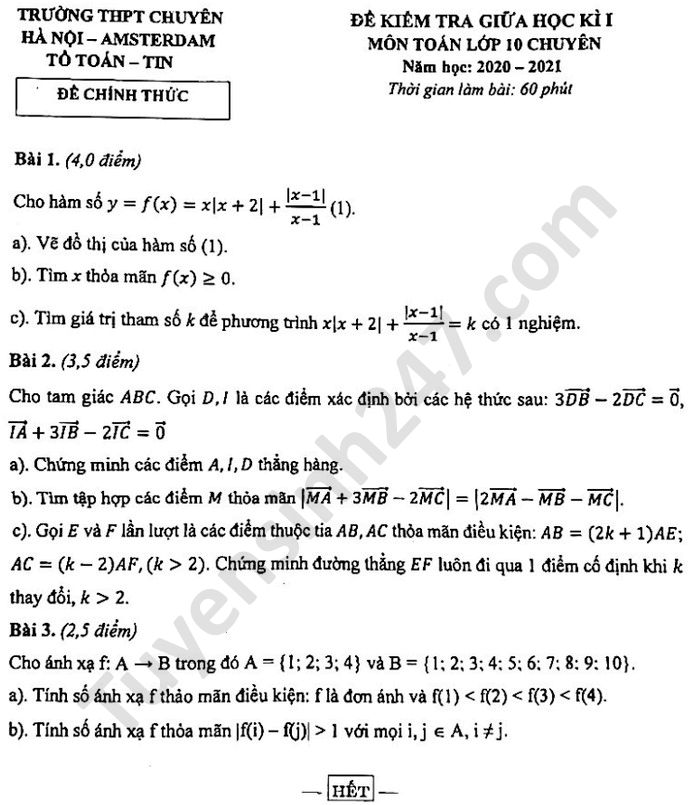 De kiem tra giua HK1 Toan lop 10 chuyen THPT chuyen Amsterdam 2020