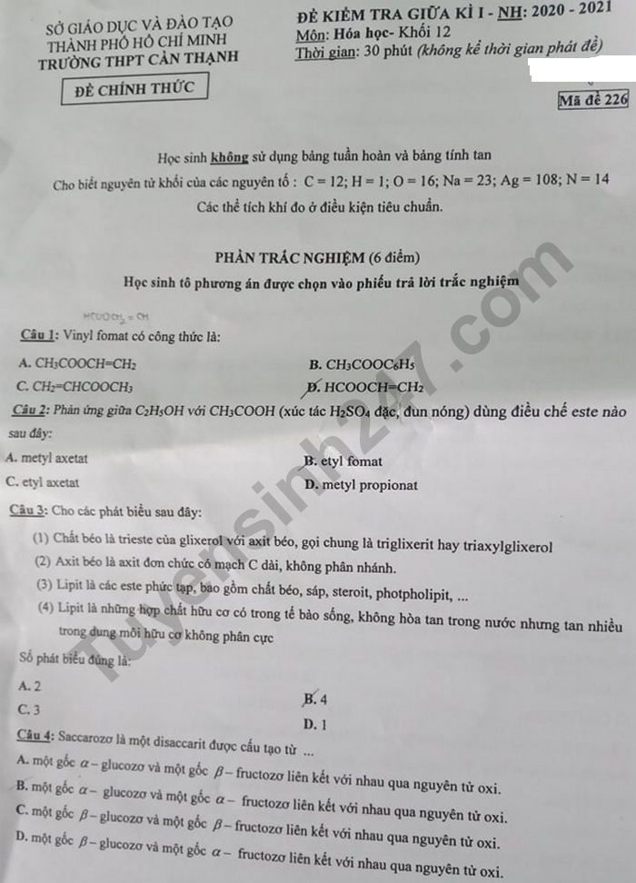 De kiem tra giua ki 1 mon Hoa lop 12 - THPT Can Thanh 2020