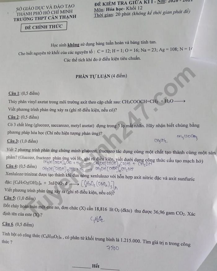 De kiem tra giua ki 1 mon Hoa lop 12 - THPT Can Thanh 2020