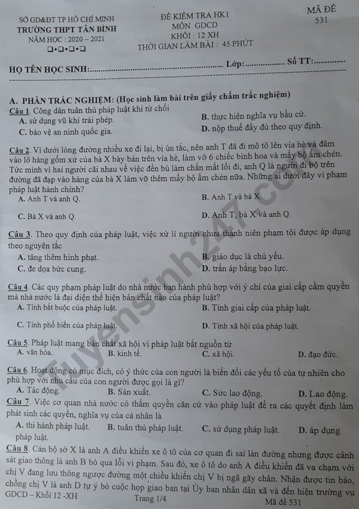 De kiem tra HK1 mon GDCD lop 12 Truong THPT Tan Binh 2020
